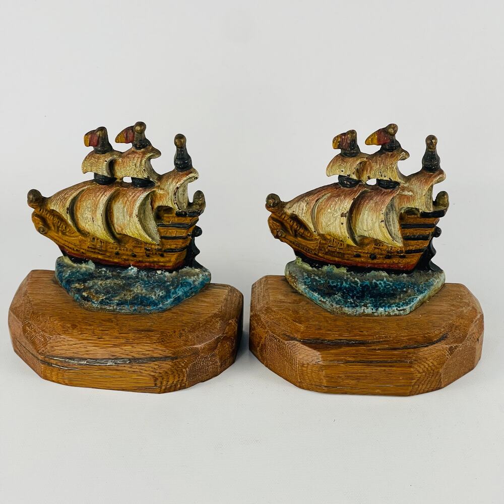 Vintage Clipper Sailing Ship Cast Iron Bookends 5 1/2 x 5 1/2”